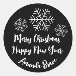 Pegatina Redonda Merry Christmas Script Name Snowflake BlackWhite