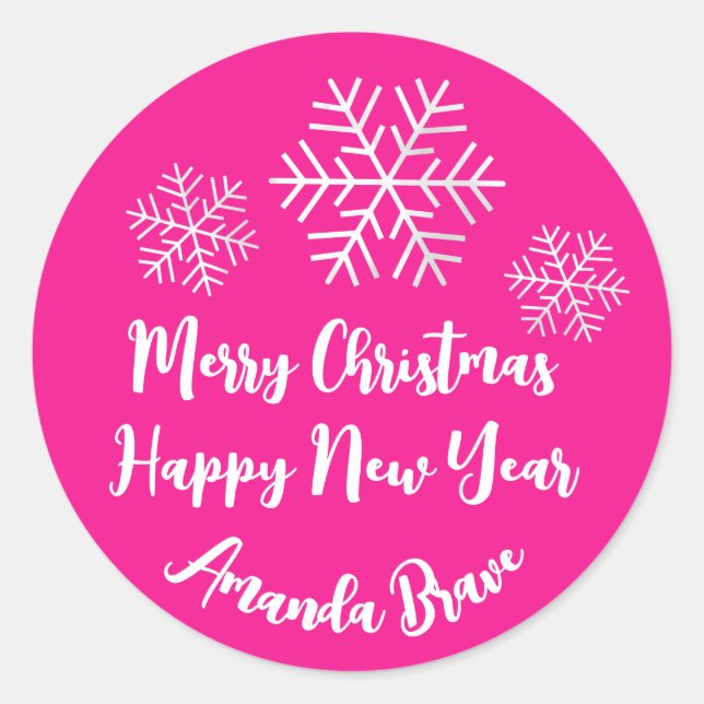 Pegatina Redonda Merry Christmas Script Name Snowflake Bright Pink (Anverso)