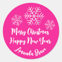 Pegatina Redonda Merry Christmas Script Name Snowflake Bright Pink