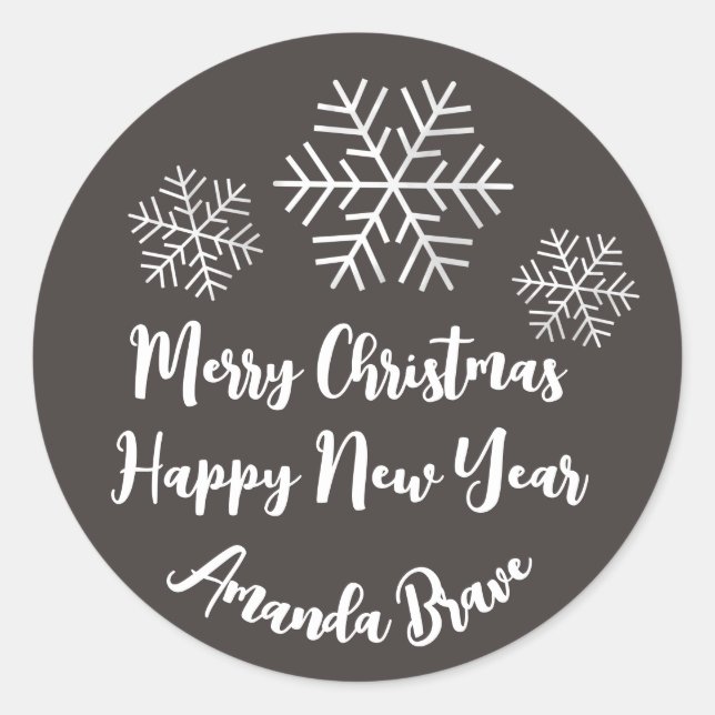 Pegatina Redonda Merry Christmas Script Name Snowflake Gray Black (Anverso)