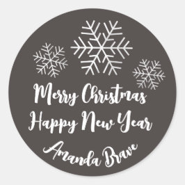 Pegatina Redonda Merry Christmas Script Name Snowflake Gray Black