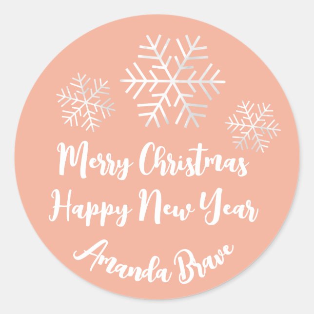 Pegatina Redonda Merry Christmas Script Name Snowflake Gray Peach (Anverso)