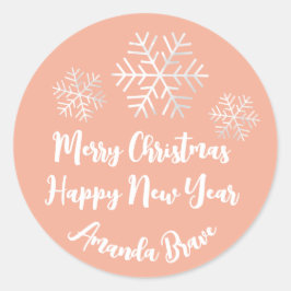 Pegatina Redonda Merry Christmas Script Name Snowflake Gray Peach