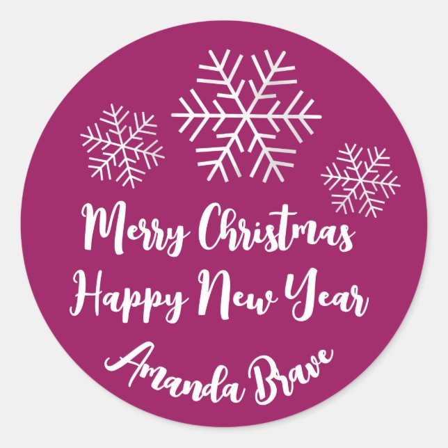 Pegatina Redonda Merry Christmas Script Name Snowflake Gray Pink (Anverso)