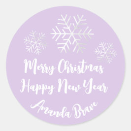 Pegatina Redonda Merry Christmas Script Name Snowflake Gray Purple