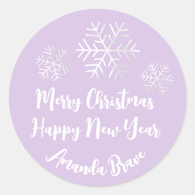 Pegatina Redonda Merry Christmas Script Name Snowflake Gray Purple (Anverso)