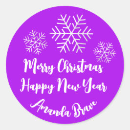 Pegatina Redonda Merry Christmas Script Name Snowflake Gray Purple