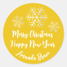 Pegatina Redonda Merry Christmas Script Name Snowflake Gray Yellow