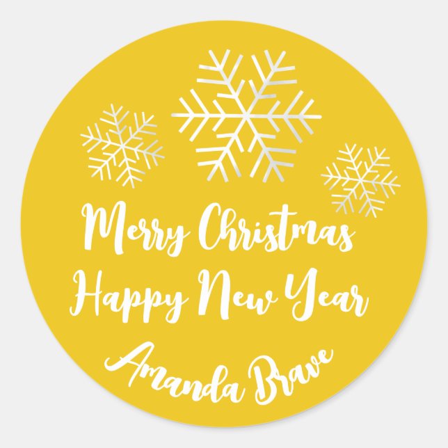 Pegatina Redonda Merry Christmas Script Name Snowflake Gray Yellow (Anverso)