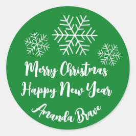 Pegatina Redonda Merry Christmas Script Name Snowflake Grey Green
