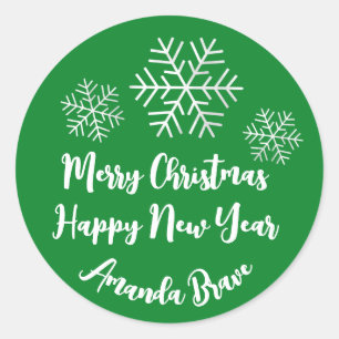 Pegatina Redonda Merry Christmas Script Name Snowflake Grey Green