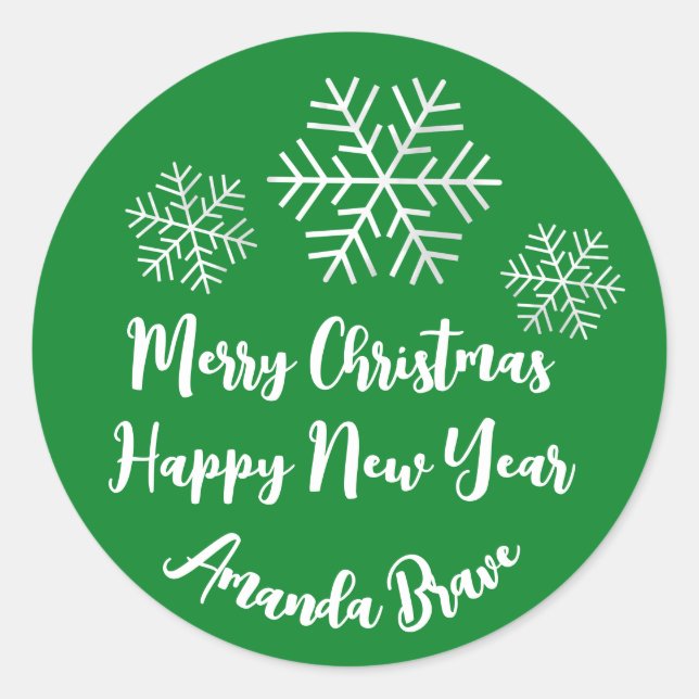 Pegatina Redonda Merry Christmas Script Name Snowflake Grey Green (Anverso)