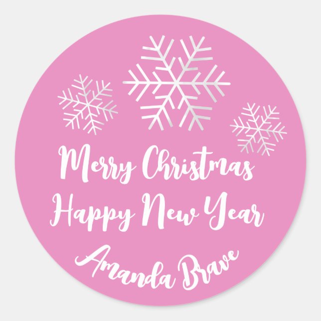 Pegatina Redonda Merry Christmas Script Name Snowflake White Pink (Anverso)