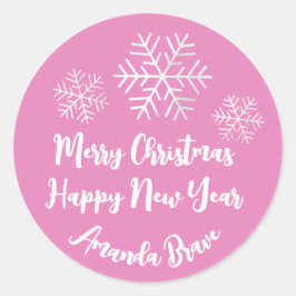 Pegatina Redonda Merry Christmas Script Name Snowflake White Pink