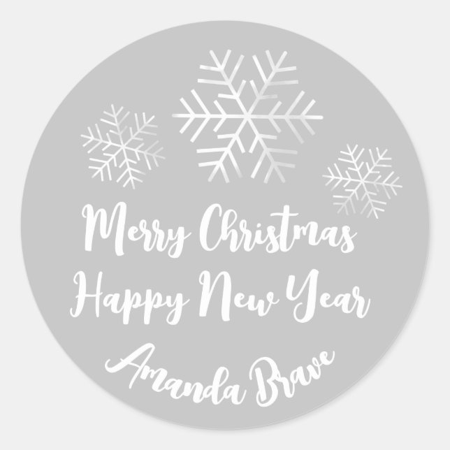 Pegatina Redonda Merry Christmas Script Name Snowflakes White Gray (Anverso)
