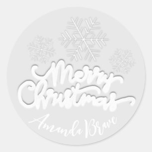 Pegatina Redonda Merry Christmas Script Name Snowflakes White Gray