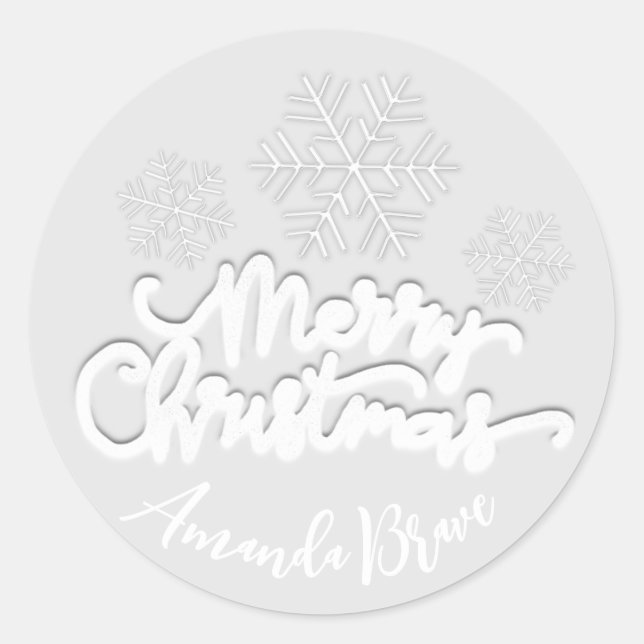 Pegatina Redonda Merry Christmas Script Name Snowflakes White Gray (Anverso)