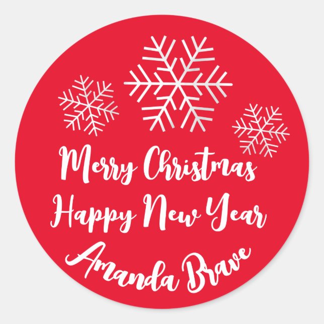 Pegatina Redonda Merry Christmas Script Name Snowflakes White Red (Anverso)