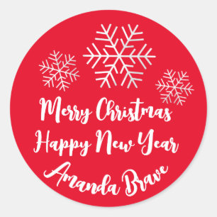Pegatina Redonda Merry Christmas Script Name Snowflakes White Red