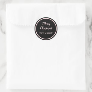 Pegatina Redonda Merry Christmas Script pálido rosa y nombre negro