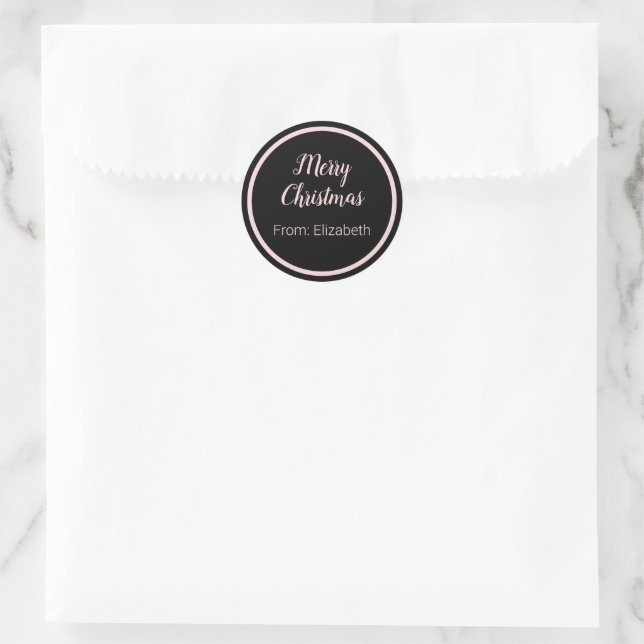 Pegatina Redonda Merry Christmas Script pálido rosa y nombre negro (Bolso)