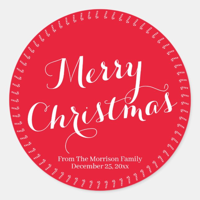 Pegatina Redonda Merry Christmas script red personalizado nombre de (Anverso)