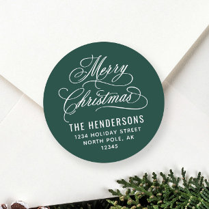 Pegatina Redonda Merry Christmas Script Return Address Green