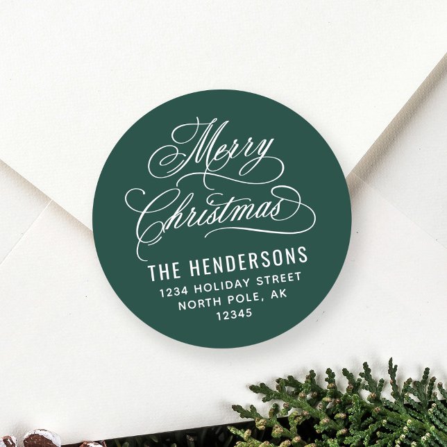 Pegatina Redonda Merry Christmas Script Return Address Green (Subido por el creador)