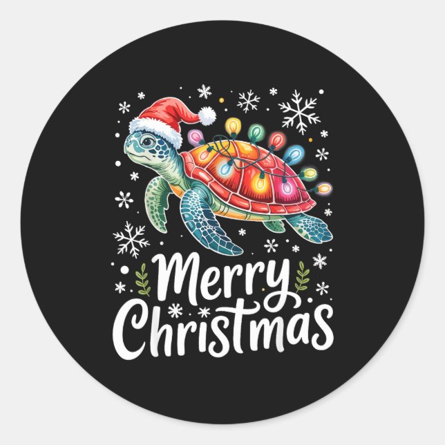 Pegatina Redonda Merry Christmas Sea Turtle Christmas Lights Santa  (Anverso)