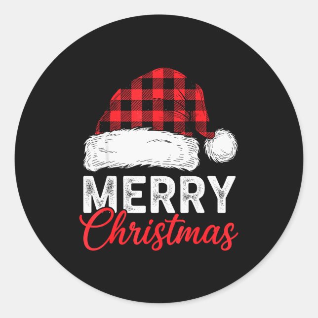 Pegatina Redonda Merry Christmas Shirt Santa Hat Buffalo Plaid Men  (Anverso)