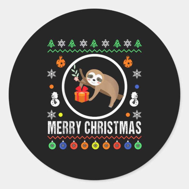 Pegatina Redonda Merry Christmas Sloth Ugly Sweater Xmas Knit Sloth (Anverso)