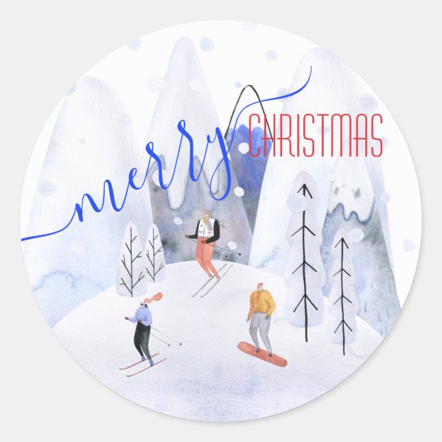 Pegatina Redonda Merry Christmas Snowy Mountain Sceners Skiers (Anverso)