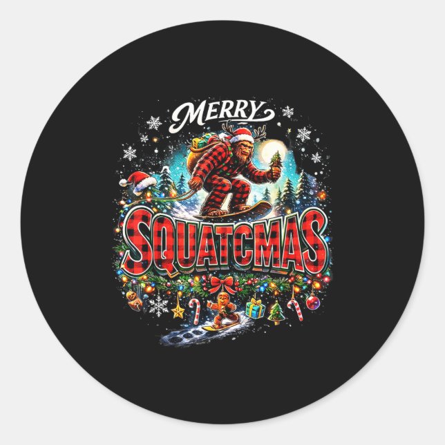 Pegatina Redonda Merry Christmas Squatchmas Funny Bigfoot Snowboard (Anverso)