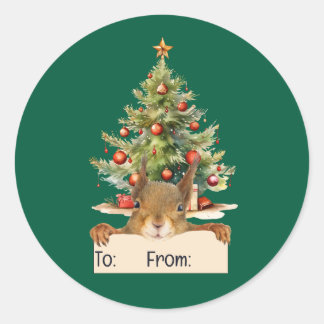 Pegatina Redonda Merry Christmas Squirrel Christmas Tree To From
