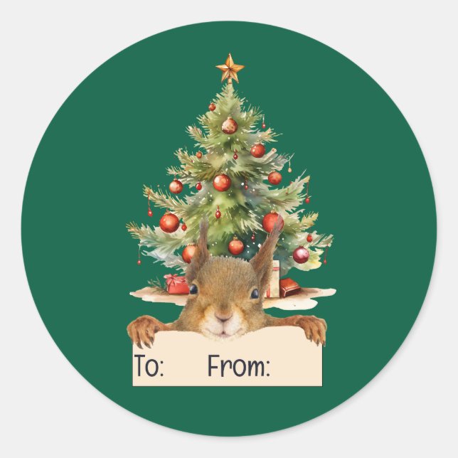 Pegatina Redonda Merry Christmas Squirrel Christmas Tree To From (Anverso)