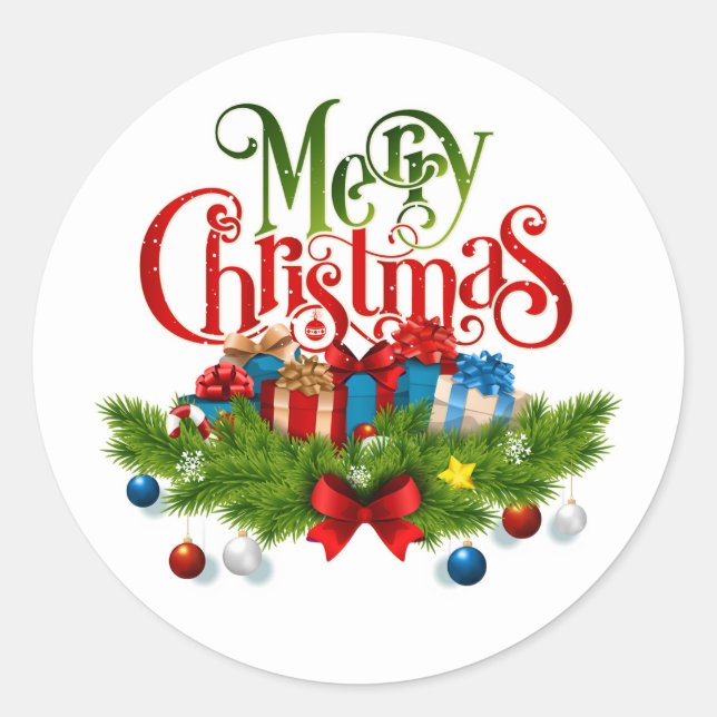 Pegatina Redonda Merry Christmas Sticker – Festive Gifts & Pine Gar (Anverso)