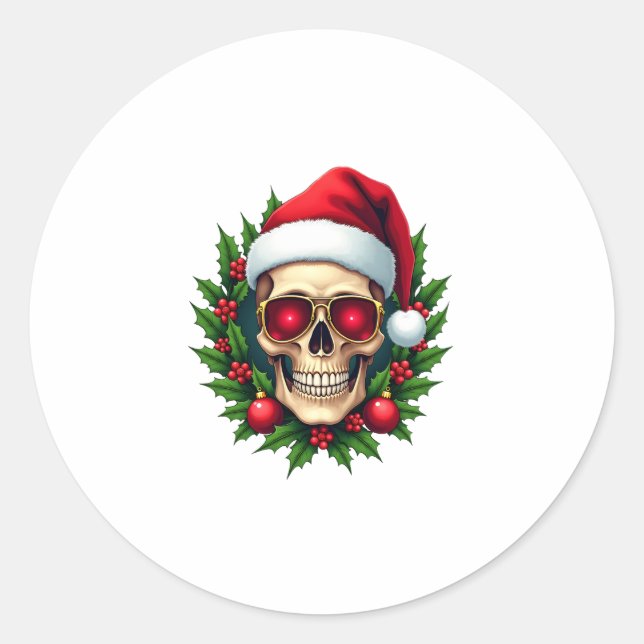 Pegatina Redonda Merry Christmas Sugar Skull Santa Hat Family Xmas  (Anverso)