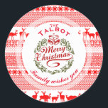 Pegatina Redonda MERRY CHRISTMAS Tradicional personalizado Ronda S<br><div class="desc">Personalizable Feliz Navidad con el tradicional pegatina gráfico vintage circular. Su nombre y mensaje sobre el hermoso patrón de estilo de Laponia en color rojo y blanco. Navidades personalizados de juego Papel servilleta,  placa de papel y más...  Hay otro modelo disponible.</div>