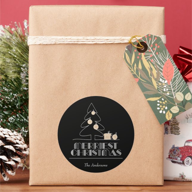 Pegatina Redonda Merry Christmas Tree Black (Vacaciones)