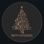 Pegatina Redonda Merry Christmas Tree Black Metallic Brown Copper<br><div class="desc">Feliz texto de Navidad Árbol de Navidad Estrellas fondo negro brillante Pegatinas de Moda de cobre marrón metálico</div>