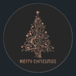Pegatina Redonda Merry Christmas Tree Black Metallic Brown Copper<br><div class="desc">Feliz texto de Navidad Árbol de Navidad Estrellas fondo negro brillante Pegatinas de Moda de cobre marrón metálico</div>