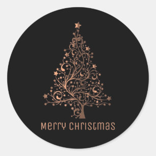 Pegatina Redonda Merry Christmas Tree Black Metallic Brown Copper