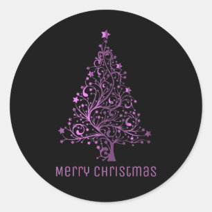 Pegatina Redonda Merry Christmas Tree Black Metallic Pink