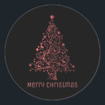Pegatina Redonda Merry Christmas Tree Black Metallic Red Look<br><div class="desc">Feliz texto de Navidad Árbol de navidad Estrellas fondo negro luce metal brillante Pegatinas de Moda roja</div>