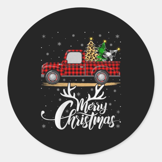 Pegatina Redonda Merry Christmas Tree Buffalo Plaid Truck Family Gr (Anverso)