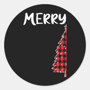 Pegatina Redonda Merry Christmas Tree Buffalo Plaid Xmas Parejas Ma