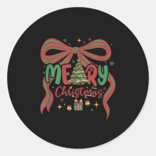Pegatina Redonda Merry Christmas Tree Coquette Bow Merry Y Bright