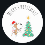 Pegatina Redonda Merry Christmas Tree Cupy Perro Santa Hat<br><div class="desc">Este Pegatina de Merry Christmas Square presenta un ilustracion de caricatura de adorables Cachorros en Santa hat preparándose para Navidades. Pequeño perrito es sostener luces de Navidades tratando de averiguar el lugar para ellos en el árbol de Navidad. ¡Un gran regalo para el amante de los perros!</div>