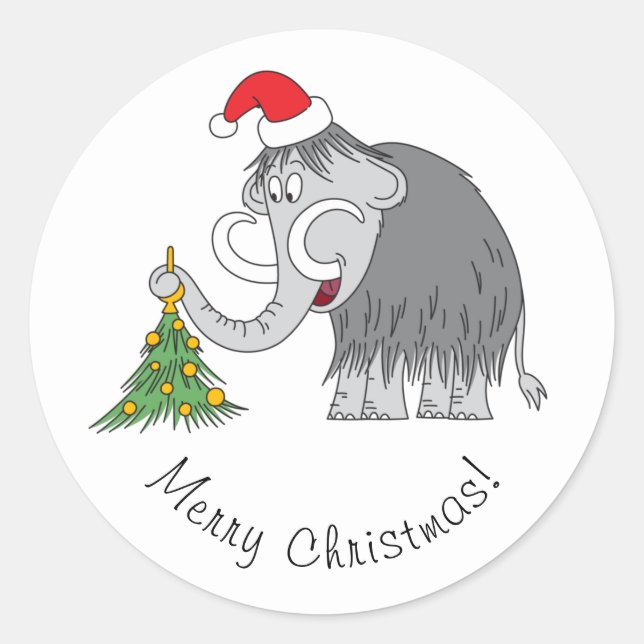 Pegatina Redonda Merry Christmas Tree Cute Mammoth Santa Hat (Anverso)