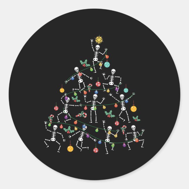 Pegatina Redonda Merry Christmas Tree Dancing Skeleton Funny Hallow (Anverso)